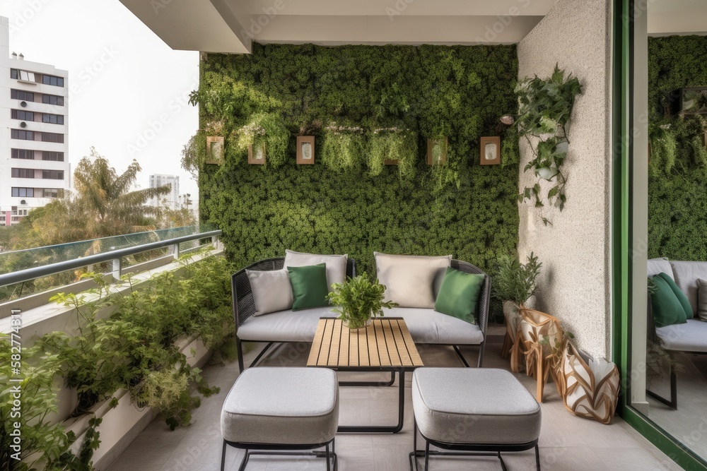 A charming Balkon adorned with lush greenery and comfortable seating arrangements, creating a serene and inviting atmosphere - Generative AI