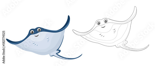 Coloring page outline of cartoon ramp fish. Smiling stingray icon. Cartoon sea animal. Vector flat illustration. Coloring book for children.