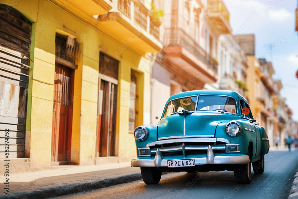 retro classic car in a colorful street of Havana, Cuba. generative AI