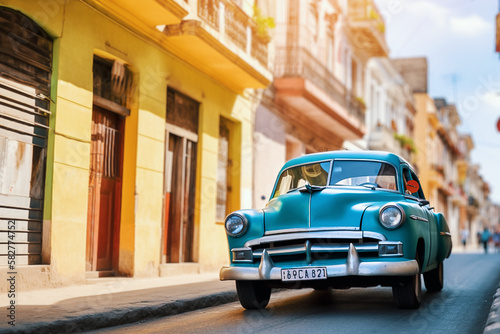 retro classic car in a colorful street of Havana, Cuba. generative AI © ronstik