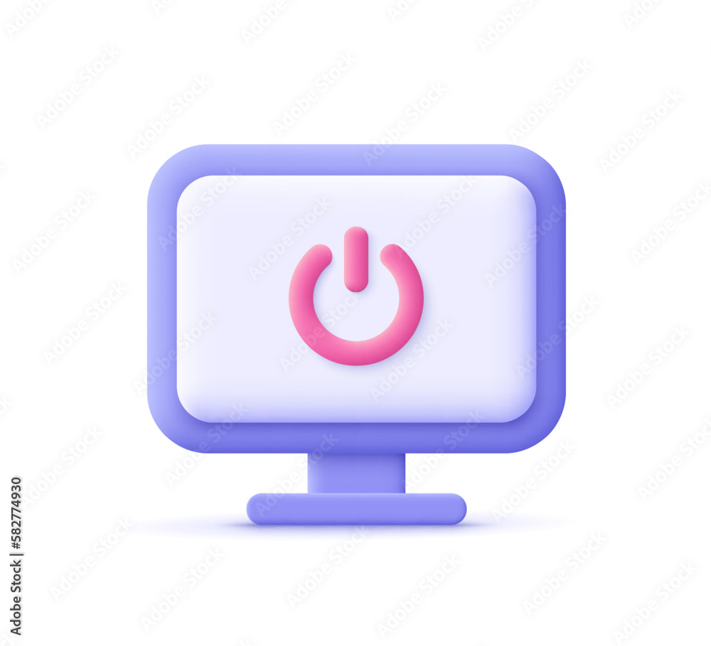 Power button icon on desktop computer monitor screen. System shutdown. 3d vector icon. Cartoon minimal style.