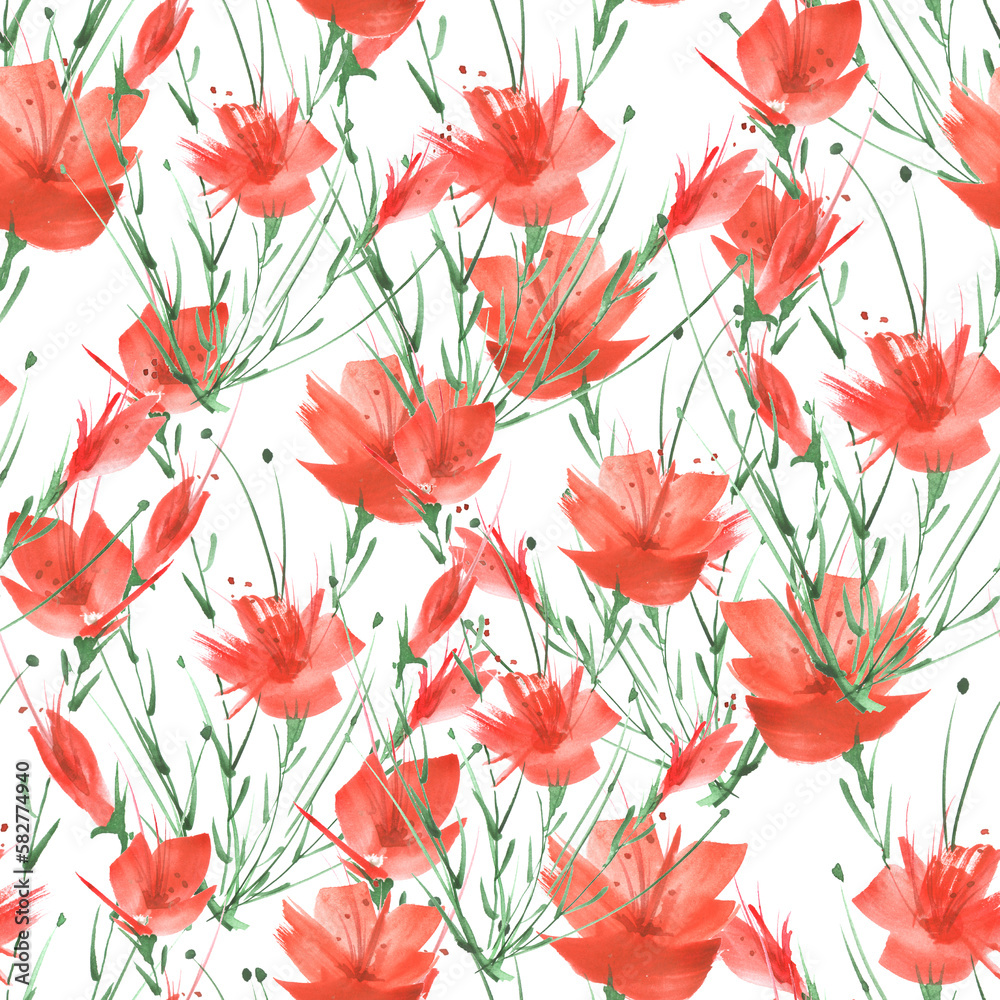 Watercolor red poppy.
Watercolor Vintage seamless pattern with drawing red poppy flowers. Beautiful flowers, rose, peony, poppy. Floral background. Watercolor floral bouquet. Birthday card.