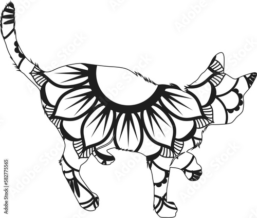 Cat mandala vector, cat mandala coloring page, black and white editable Vector illustration