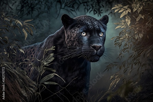 Wild black leopard ready to pounce