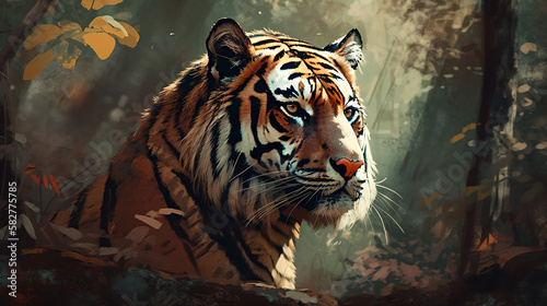illustration of a majestic tiger in a dense forest. Generative AI