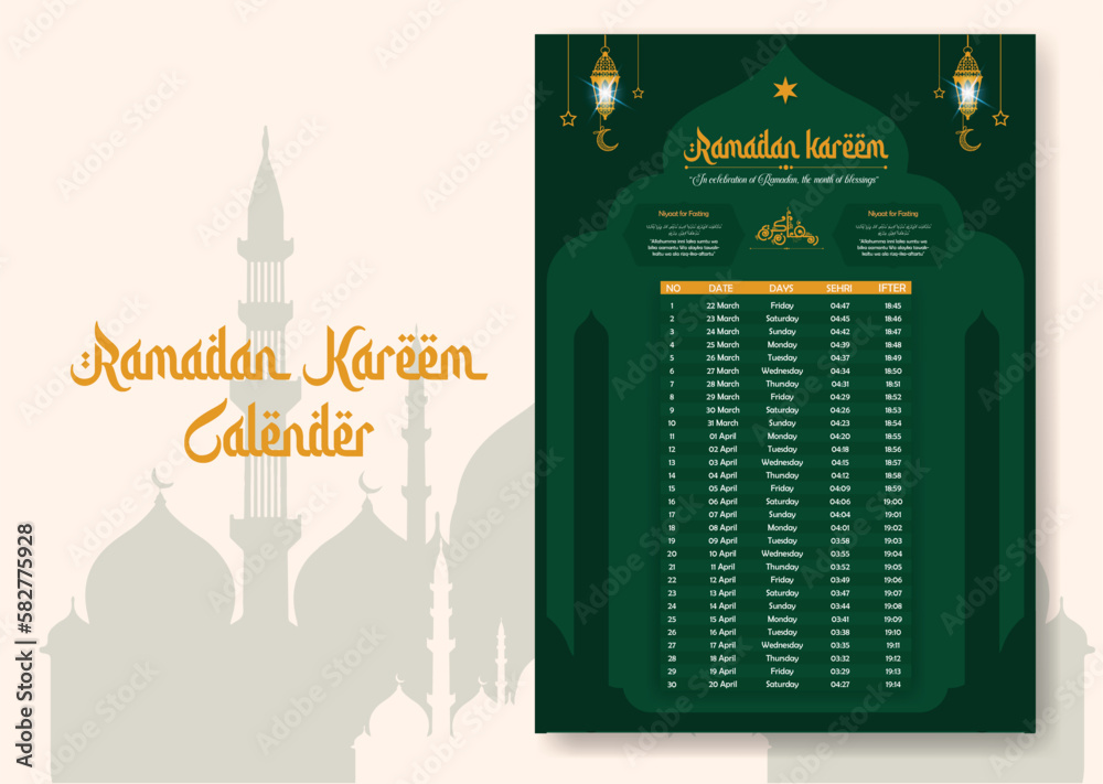 Ramadan time calendar 2023 With Prayer times in Ramadan. Ramadan
