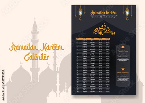 Ramadan time calendar 2023 With Prayer times in Ramadan. Ramadan Schedule - Fasting, Iftar, and Prayer timetable. Islamic background design with mosque and lamp.
