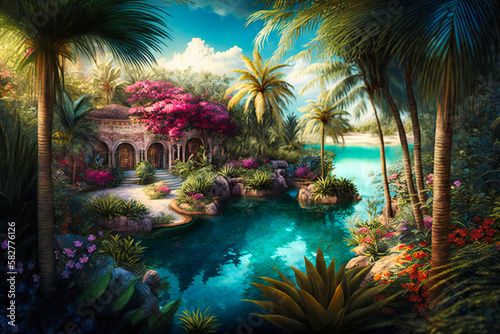 A lush tropical paradise with palm trees  exotic flowers  and clear blue waters