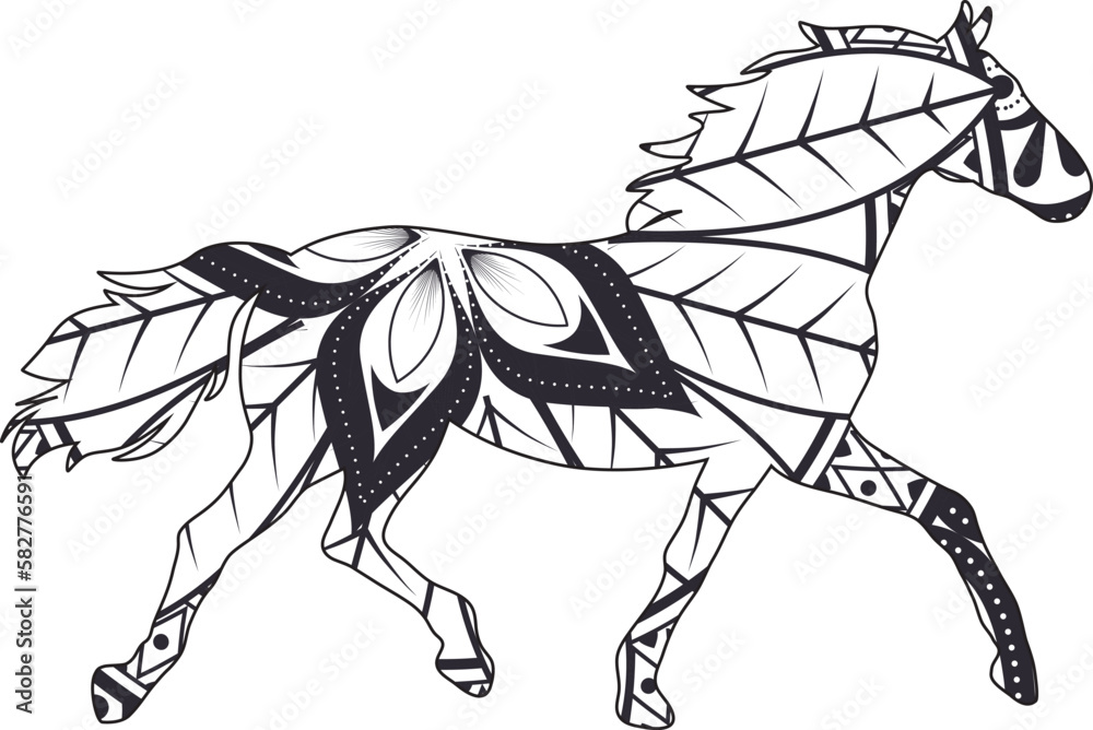 Drawing for horse adult coloring page editable vector illustration