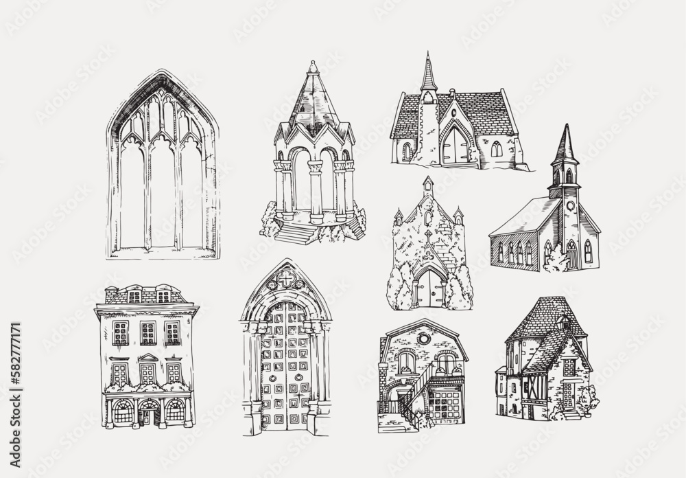 Set of hand drawn buildings, churches. Vector illustration in doodle sketch style.