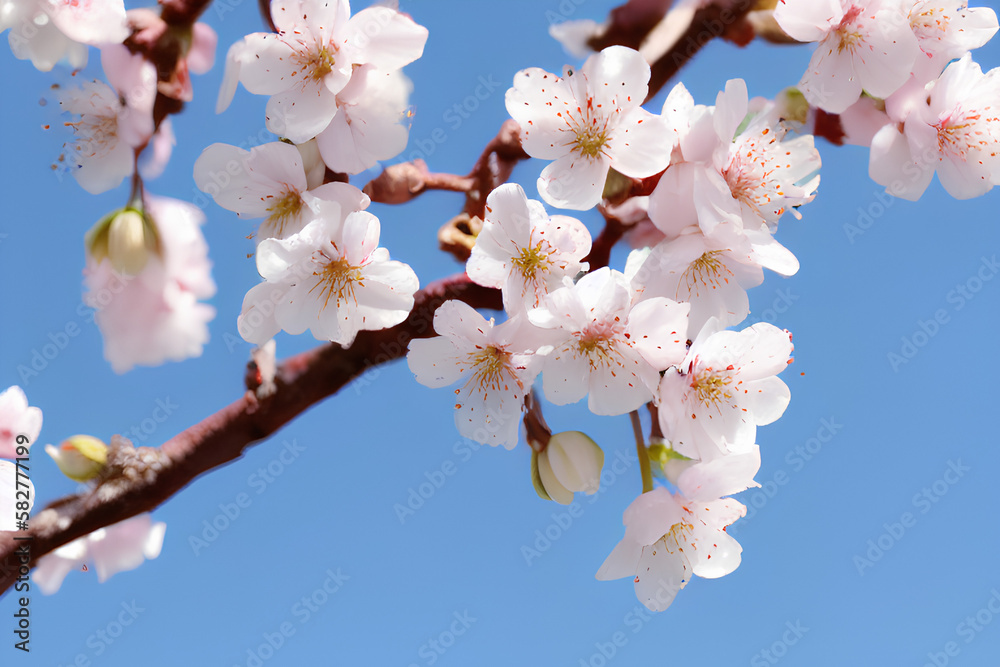 blossoming cherry tree against the blue sky. Spring - nature wakes up. generative AI blossoming cherry tree against the blue sky. Spring - nature wakes up. generative AI