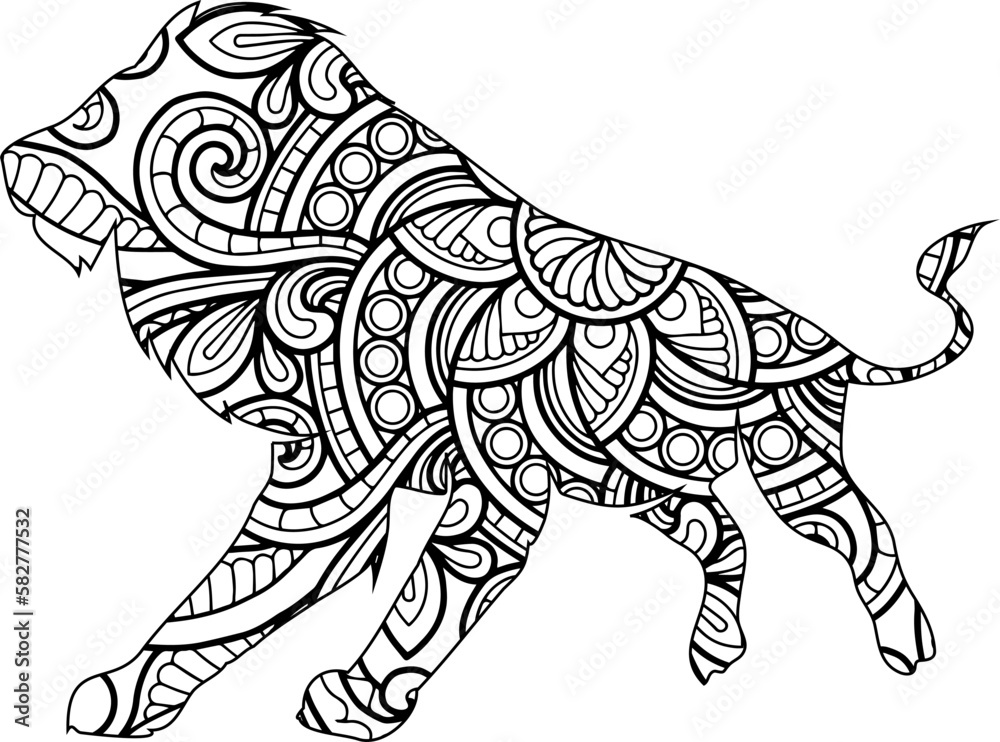 Fototapeta premium Mandala animal designs with lion vector, Lion mandala coloring page for Kids and Adults editable vector illustration