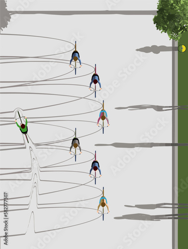 Cyclist in sunlight seen from above cast shadows on the street and a bike going the opposite direction bends the shadows in a 3-d illustration.