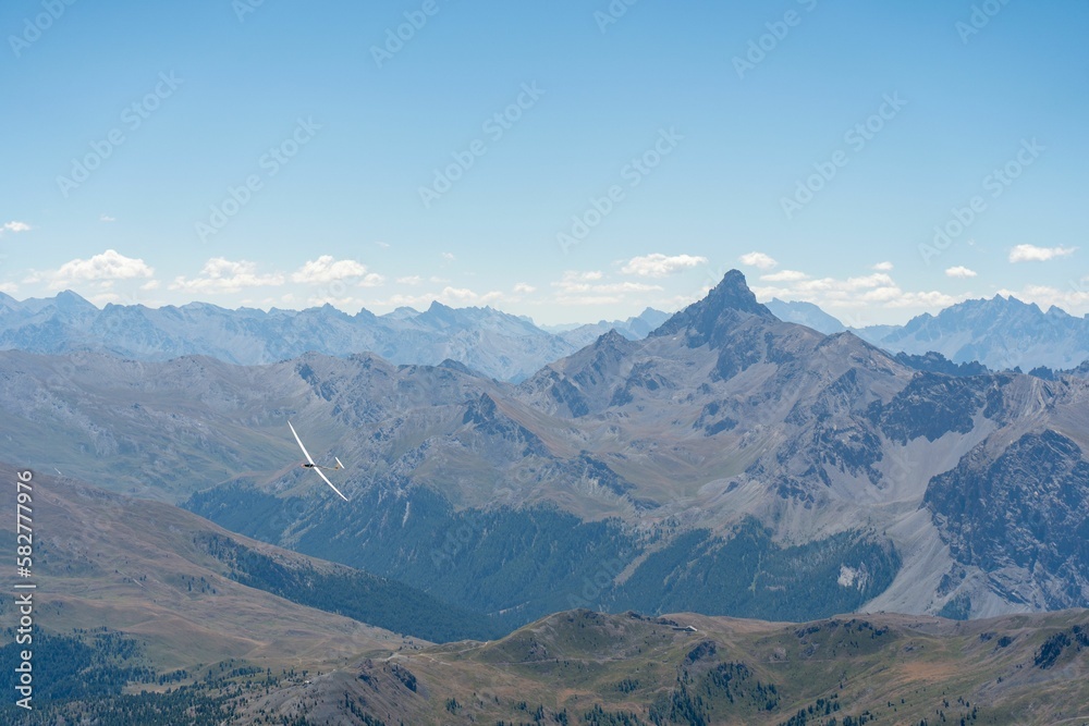 Scenic view of a glider over the Mont Chaberton, Rochebrune, France