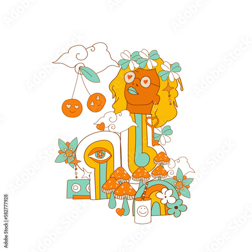 Retro 70s, psychedelic groovy elements. Cartoon funky mushrooms, flowers, rainbow, vintage hippy style element. Vector.
