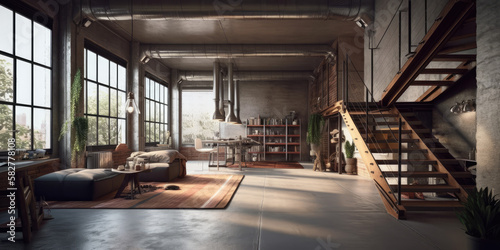 Large loft in industrial style, 3d render, Generative AI