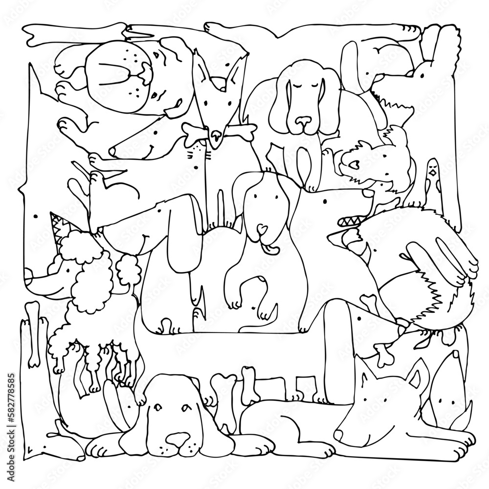 Dogs. Coloring page for children. Various dogs, bunny, bird. Sketch ...