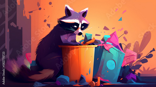 illustration of a curious raccoon exploring a garbage bin, colorful. Generative AI