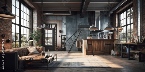 Living room loft in industrial style, 3d render Generative AI