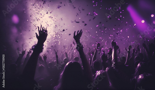 Close-up photo of many party people dancing at night club