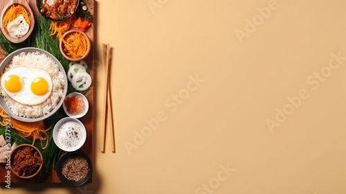 Colorful Korean Bibimbap with fresh vegetables and rice, generated by IA 