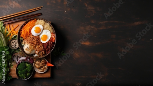 Bibimbap dish with colorful vegetables and flavorful sauce, generated by IA 
