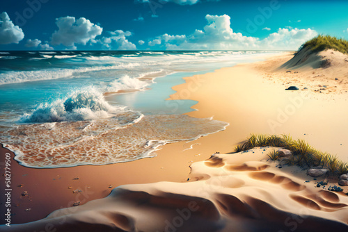 A tranquil sandy beach landscape with gentle waves lapping at the shore