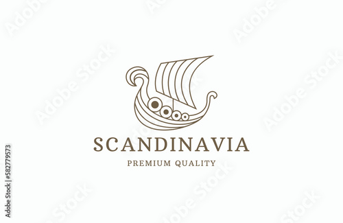Viking sail ship drakkar scandinavia line art logo design template photo