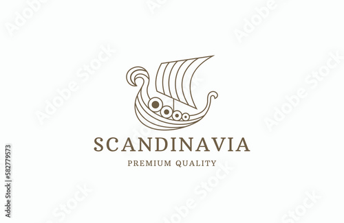 Viking sail ship drakkar scandinavia line art logo design template