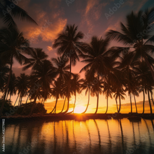 sunset scenery of palm trees on a tropical beach