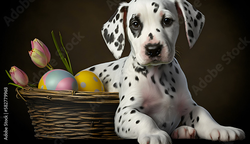 puppy sitting near in easter eggs basket © Thamidu