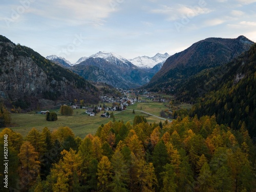 Village in Brusson with mountains in the background, Val d'ayas, Aosta Valley, Italy photo