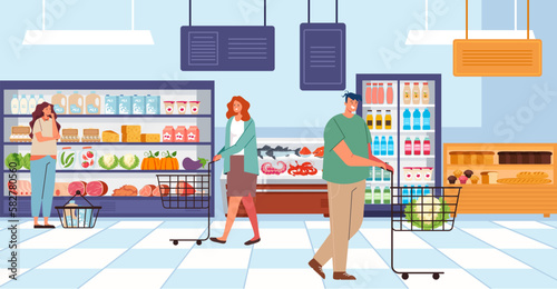 Supermarket grocery shop store retail place with people concept. Vector graphic design illustration