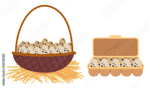 Egg basket chicken box farm pack isolated set. Vector graphic design illustration