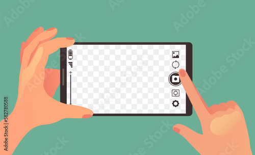 Photo phone take picture with camera. Hand push device button concept. Vector graphic design element illustration