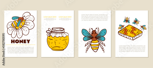Honey honeycomb honeybee food background pattern flyer concept set. Vector graphic design element illustration