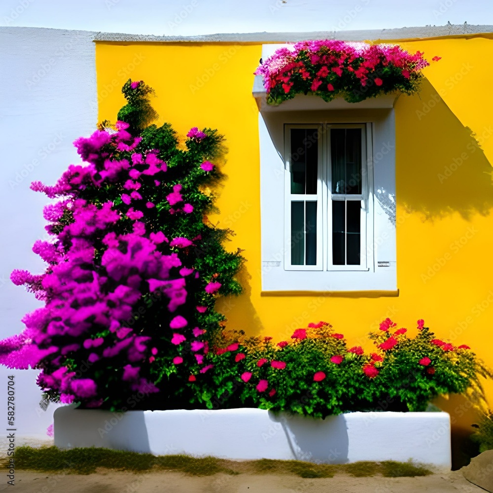 Imagem colorida de uma parede amarela com janela branca e flores magenta.