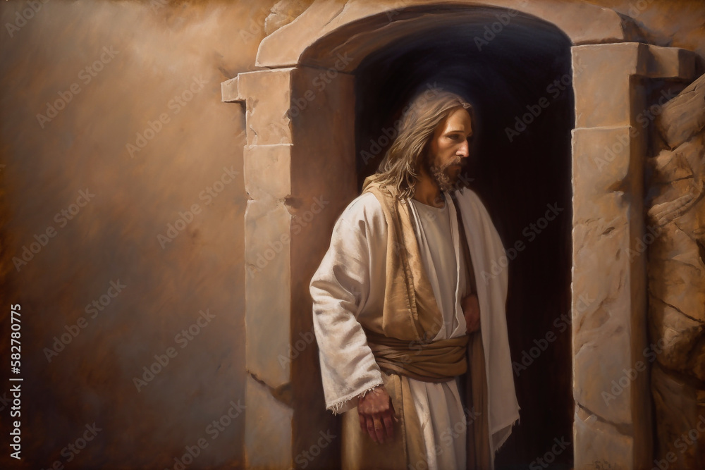 Painting illustration of Jesus next to the door of a tomb - Ai generative
