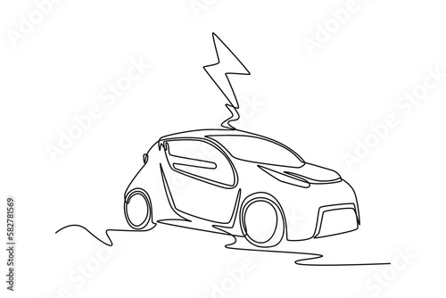 Continuous one-line drawing electric car with electric symbol on it. Electric car concept single line draws design graphic vector illustration