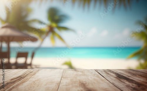 Empty wooden table in front of blurred paradisiac beach made with Generative AI. © Ladanifer
