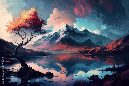 Beautiful landscape with mountains and lake. Peace and nature. Digital painting. 3d vector illustration. Image