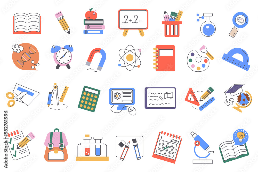 School supplies set graphic elements in flat design. Bundle of book, pencil, chalkboard, flask, magnifying glass, dna, clock, magnet, atom, notebook and other. Illustration isolated objects