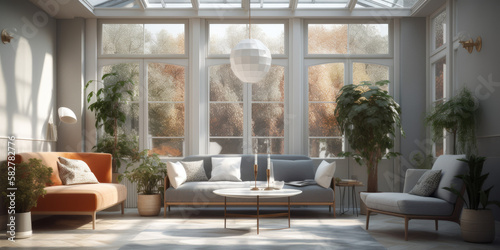 Sunroom interior, 3d render. Generative AI