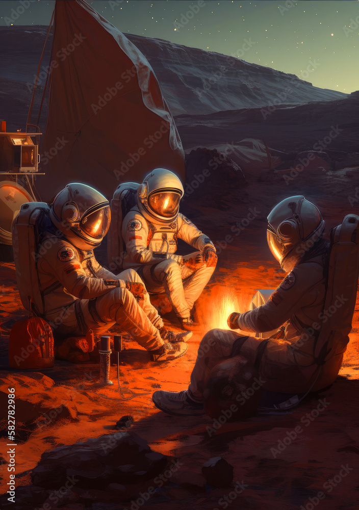 Fototapeta premium astronauts partying on Mars, campfire, abstract poster illustration, ai generative