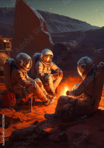 astronauts partying on Mars, campfire, abstract poster illustration, ai generative