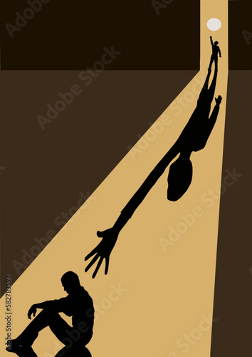 A friend reaching out to help a friend is seen in this 3-d illustration.