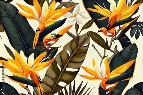 Tropical leaves and flowers seamless background for summer party design