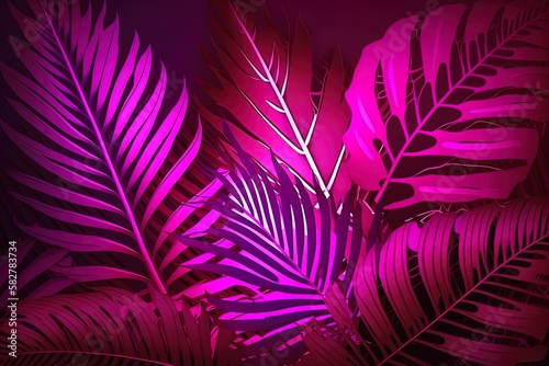 Purple pink neon tropical leaves background. Modern exotic florals background for summer party design.