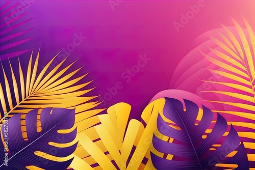 Purple pink yellow tropical leaves background. Modern exotic florals background for summer party design.