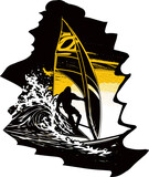 Windsurfer silhouette. Vector image. Sea waves.
